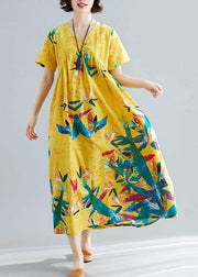 Handmade yellow prints cotton clothes For Women v neck Maxi summer big hem Dresses - bagstylebliss