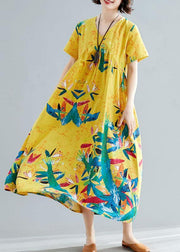 Handmade yellow prints cotton clothes For Women v neck Maxi summer big hem Dresses - bagstylebliss