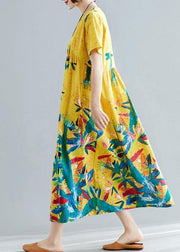 Handmade yellow prints cotton clothes For Women v neck Maxi summer big hem Dresses - bagstylebliss