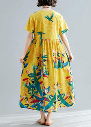 Handmade yellow prints cotton clothes For Women v neck Maxi summer big hem Dresses - bagstylebliss