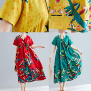 Handmade yellow prints cotton clothes For Women v neck Maxi summer big hem Dresses - bagstylebliss