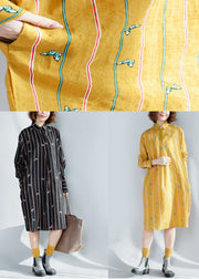 Handmade yellow striped Cotton clothes For Women Korea Photography lapel Button Down Plus Size spring Dress