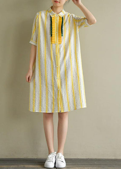 Handmade yellow striped linen Robes lapel Button Down Plus Size summer Dress - bagstylebliss