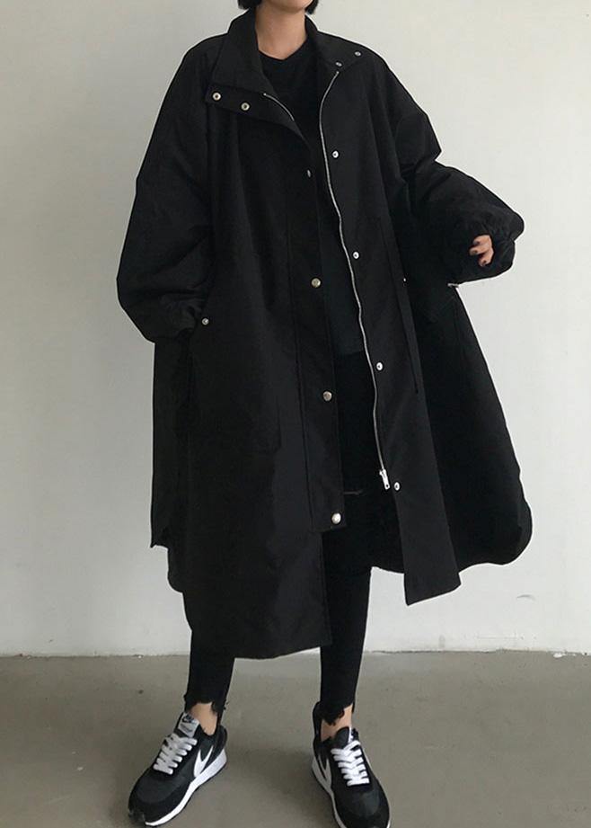 Handmade zippered Fashion lapel collar crane coats black baggy women coats - bagstylebliss