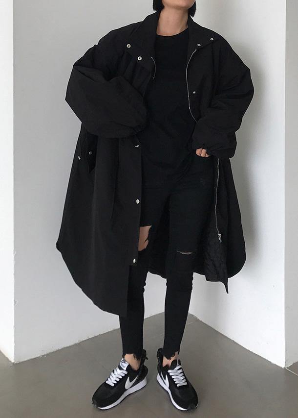 Handmade zippered Fashion lapel collar crane coats black baggy women coats - bagstylebliss