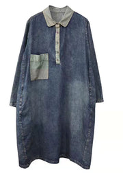 Handmade Blue V Neck Patchwork denim Dresses Winter