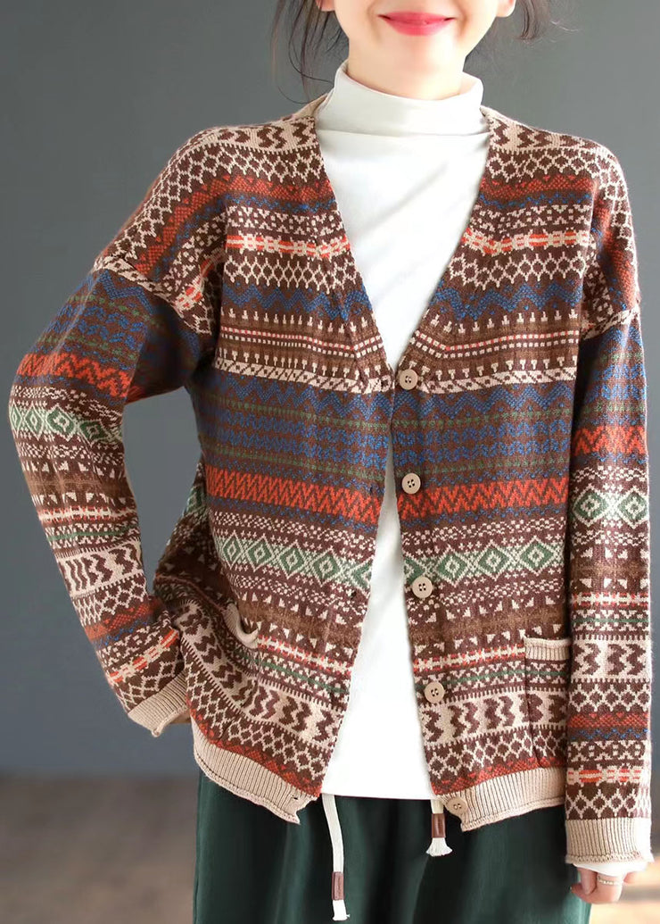 Handgemachte khakifarbene lockere Herbst-Strickjacke mit V-Ausschnitt und Knopfdruck, lange Ärmel