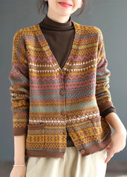 Handgemachte khakifarbene lockere Herbst-Strickjacke mit V-Ausschnitt und Knopfdruck, lange Ärmel