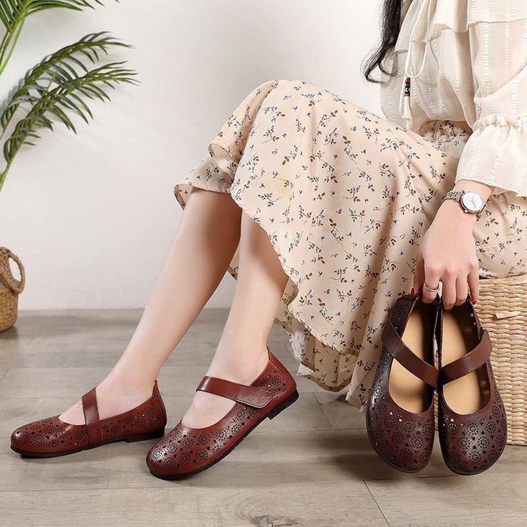 Hollow Out Brown Flat Feet Shoes Buckle Strap Flat Shoes - bagstylebliss