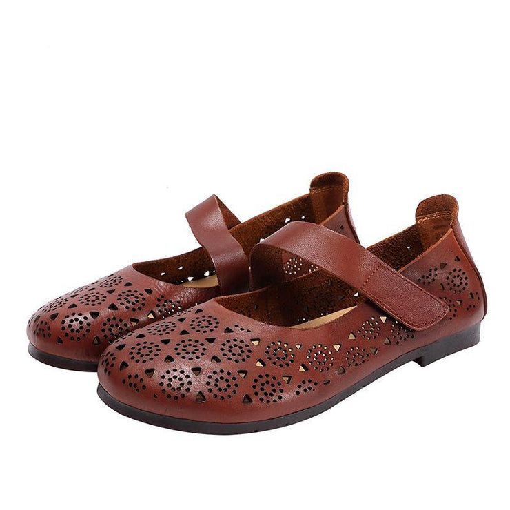 Hollow Out Brown Flat Feet Shoes Buckle Strap Flat Shoes - bagstylebliss