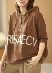 Hot Brown Hooded Zippered Print Fall Sweatshirt Street Wear