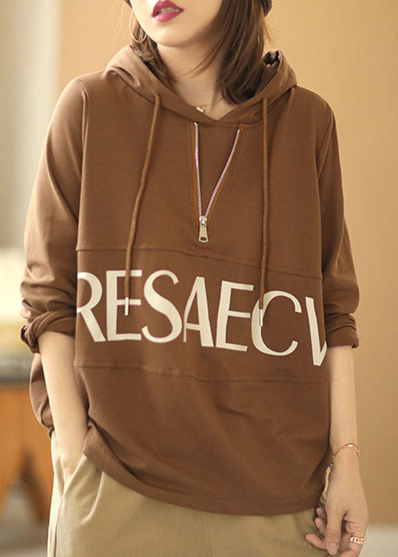 Hot Brown Hooded Zippered Print Fall Sweatshirt Street Wear