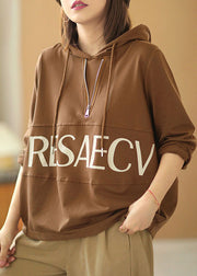 Hot Brown Hooded Zipper Print Herbst Sweatshirt Street Wear