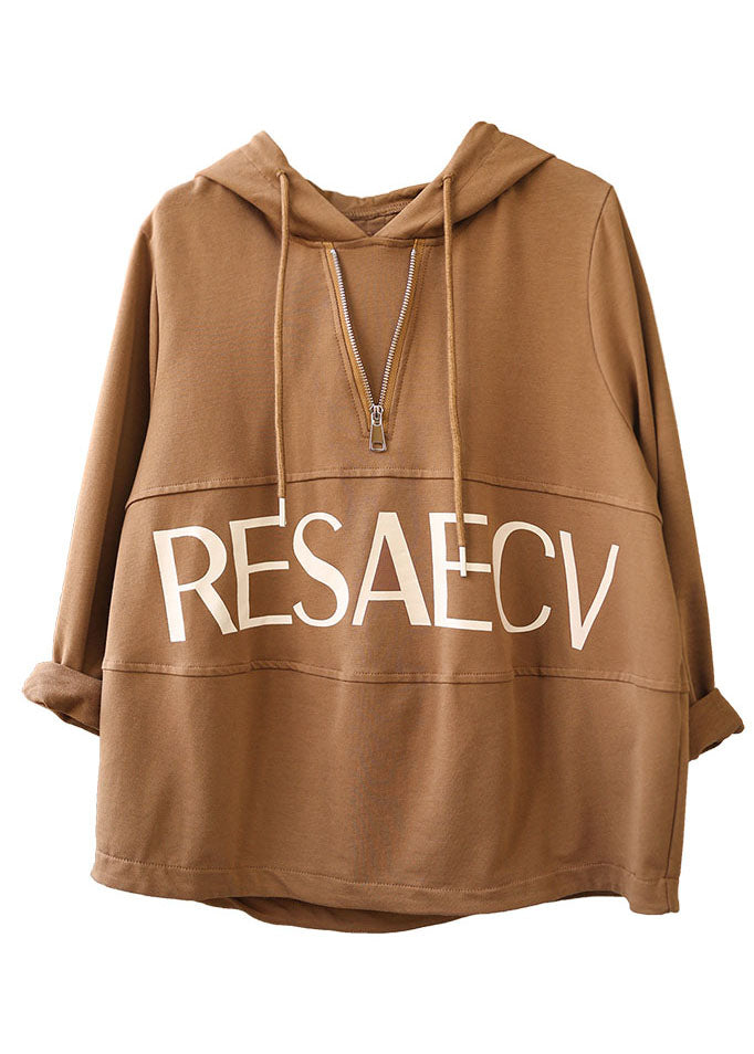 Hot Brown Hooded Zippered Print Fall Sweatshirt Street Wear