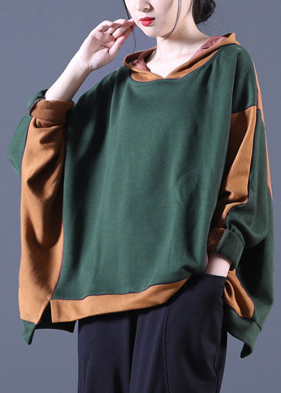 Hot Tea Green Kapuzen-Patchwork Loose Fall Sweatshirts Top