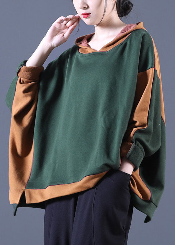 Hot Tea Green Hooded Patchwork Loose Fall Sweatshirts Top