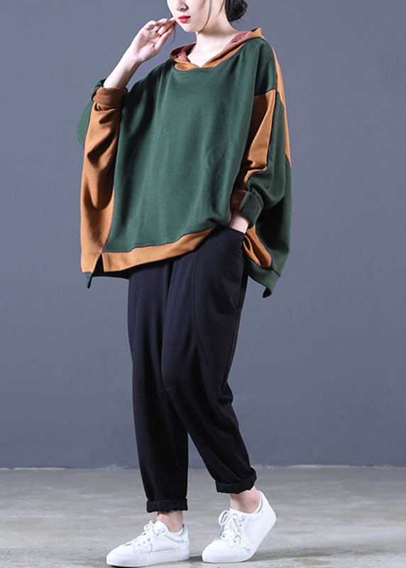 Hot Tea Green Hooded Patchwork Loose Fall Sweatshirts Top