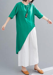 Irregular cotton linen green two-piece five-point sleeve V-neck T-shirt wide-leg pants - bagstylebliss