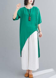 Irregular cotton linen green two-piece five-point sleeve V-neck T-shirt wide-leg pants - bagstylebliss