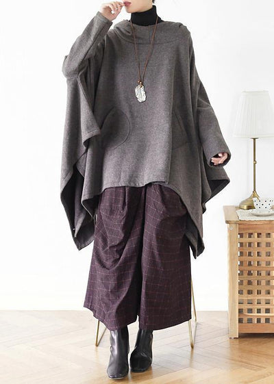 Irregular gray pullover loose large size cotton sweater coat personalized knitted top - bagstylebliss