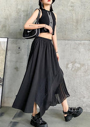 Irregular skirt a-line skirt mid-length black stitching pleated skirt - bagstylebliss