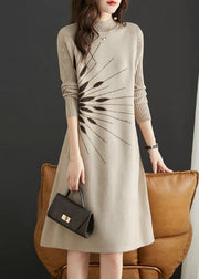 Italian Apricot O Neck Jacquard Zircon Patchwork Knit Dress Fall