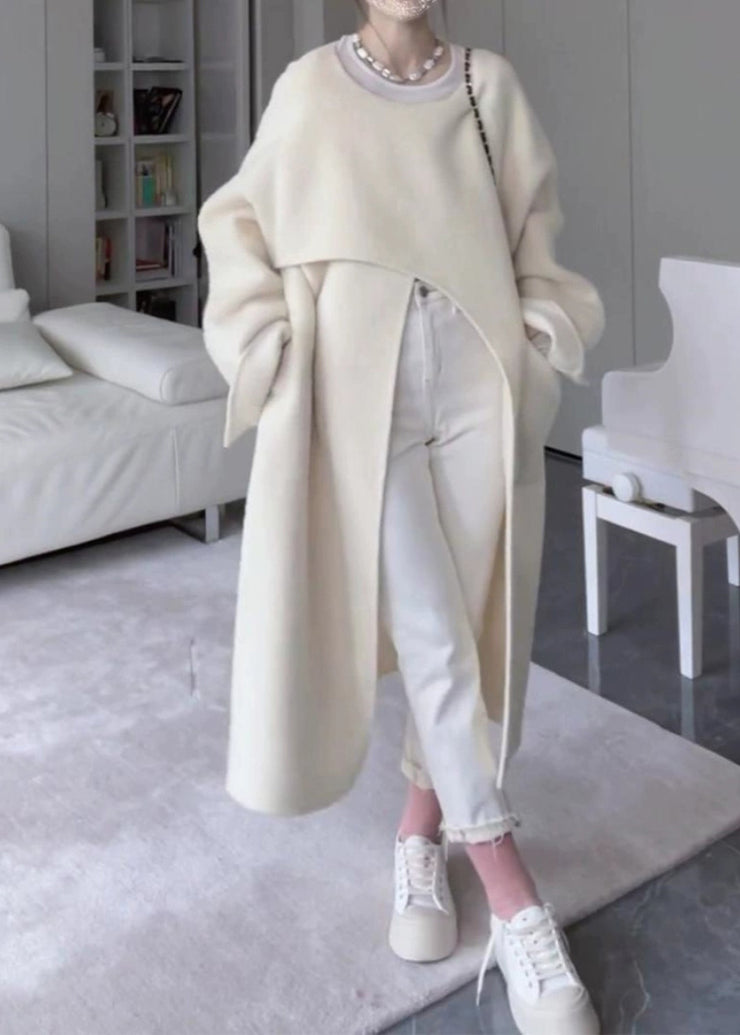 Italian Beige Asymmetrical Pockets Side Open Oversized Woolen Coat Spring