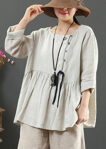 Italian Beige Blouses For Women O Neck Cinched Tunic Spring Blouse - bagstylebliss