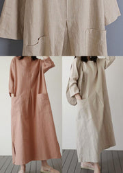 Italian Beige Cinched Seite offen Leinen Robe Kleider Frühling