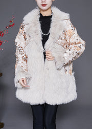 Italian Beige Floral Patchwork Faux Fur Coat Winter