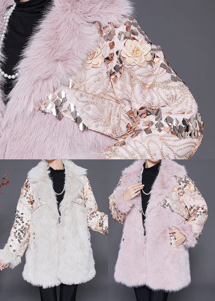 Italian Beige Floral Patchwork Faux Fur Coat Winter