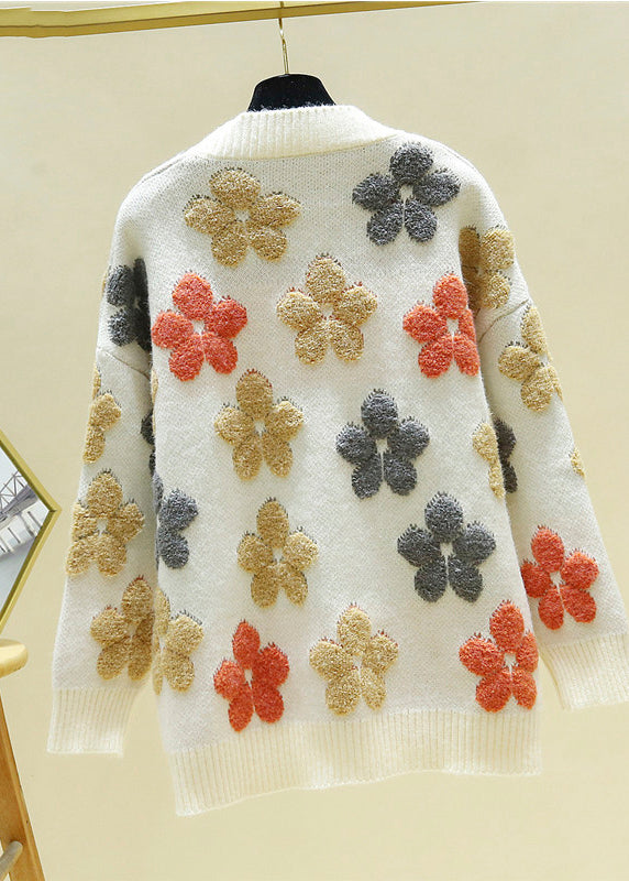 Italian Beige V Neck Embroidered Floral Cozy Knit Cardigans Fall