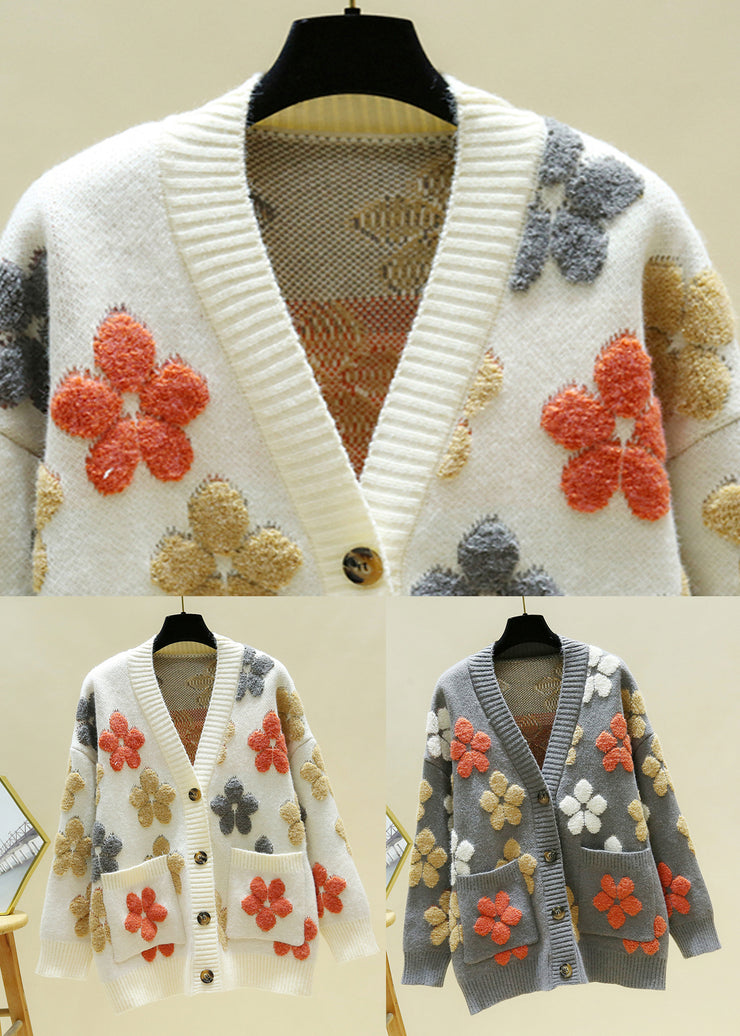 Italian Beige V Neck Embroidered Floral Cozy Knit Cardigans Fall