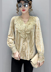 Italian Beige V Neck Patchwork Silk Velour Blouses Long Sleeve