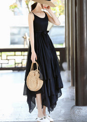 Italian Black Asymmetrical Design Tie Waist Cotton Spaghetti Strap Dress Summer