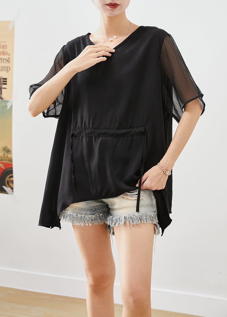 Italian Black Asymmetrical Patchwork Ruffles Shirts Summer