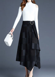 Italian Black Asymmetrical Plaid Cotton Skirt Spring