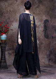 Italian Black Asymmetrical Print Chiffon Top And Wide Leg Pant Two Piece Suit Set Summer