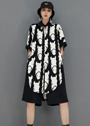 Italian Black Asymmetrical Print Cotton Two Pieces Set Short Sleeve