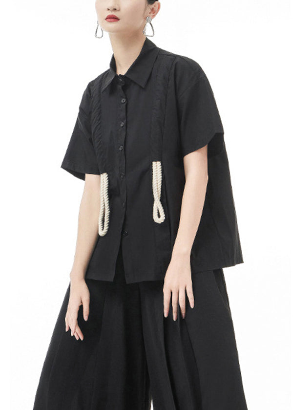 Italian Black Button Peter Pan Collar Cotton Shirts Short Sleeve