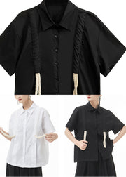 Italian Black Button Peter Pan Collar Cotton Shirts Short Sleeve