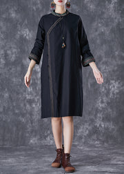 Italian Black Embroidered Chinese Button Linen Dress Fall