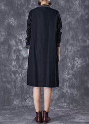 Italian Black Embroidered Chinese Button Linen Dress Fall