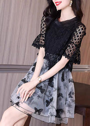 Italian Black Embroidered Hollow Out Lace Patchwork Tulle Dresses Summer