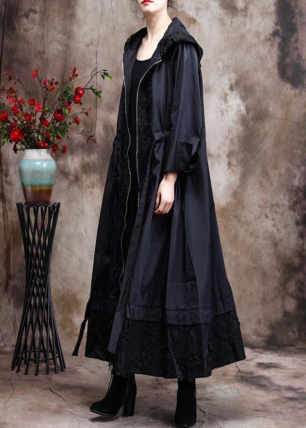 Italian Black Embroidery Plus Size Coat Hooded Maxi Coats - bagstylebliss