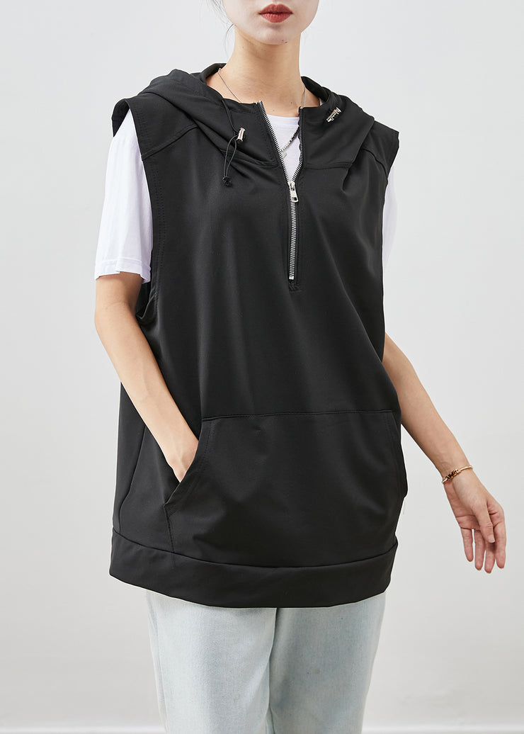 Italian Black Hooded Drawstring Cotton Vests Fall