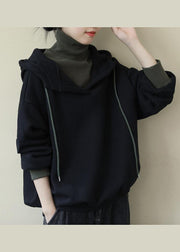 Italian Black Hooded Patchwork Fine Cotton Filled Sweatshirt Streetwear Spring