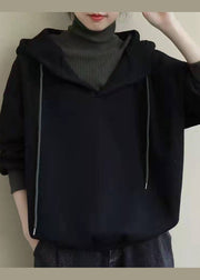 Italian Black Hooded Patchwork Fine Cotton Filled Sweatshirt Streetwear Spring