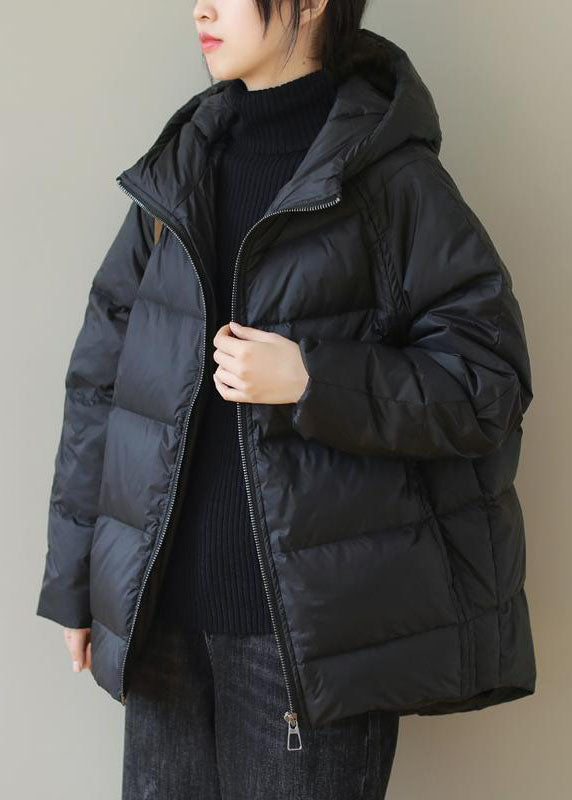 Italian Black Hooded Zip Up Fine Cotton Filled Parka Jacket Winter