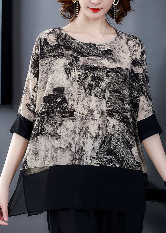 Italian Black O Neck Print Patchwork Chiffon T Shirt Top Summer